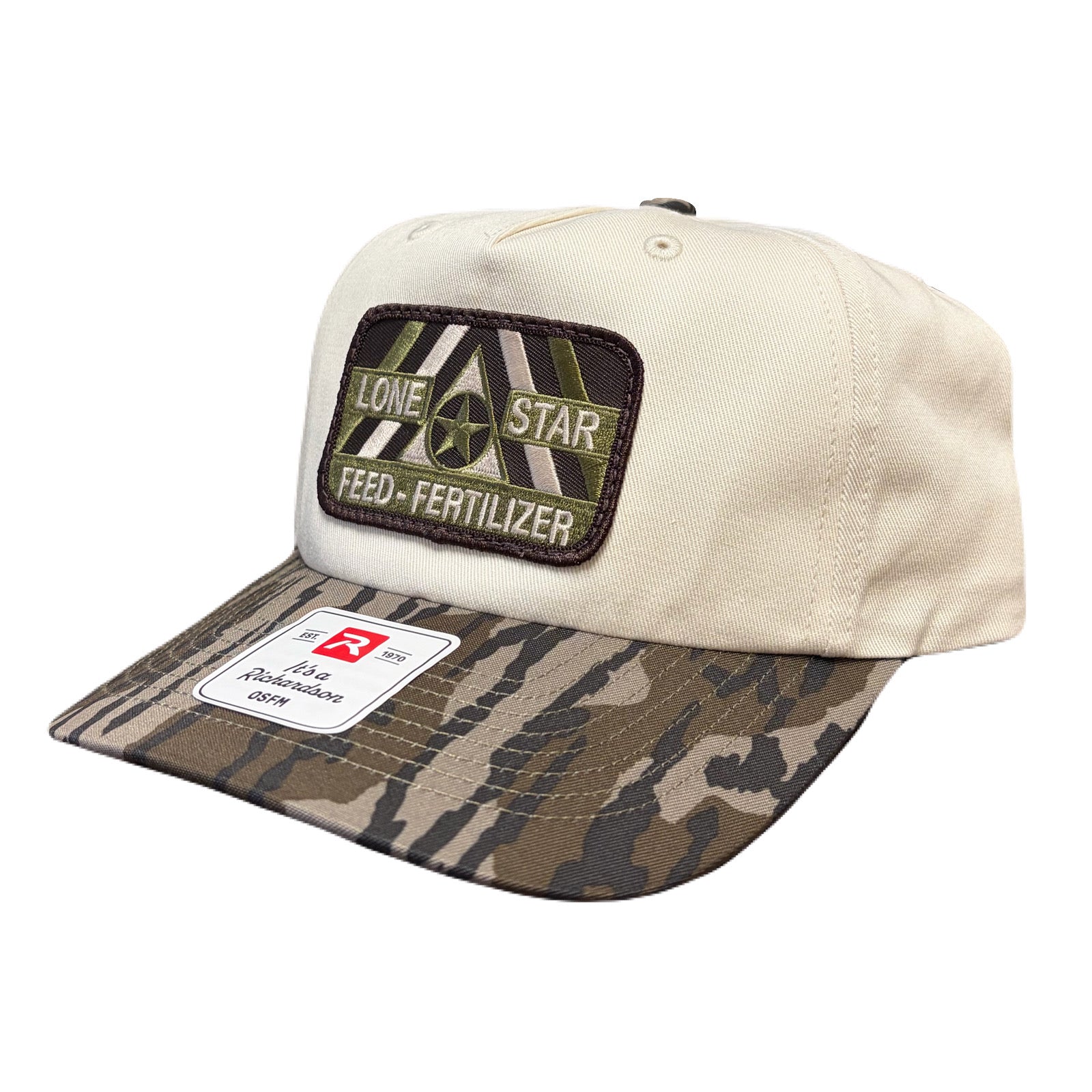 R356 Cream / Mossy Oak Bottomland Twill w/ Camo Patch