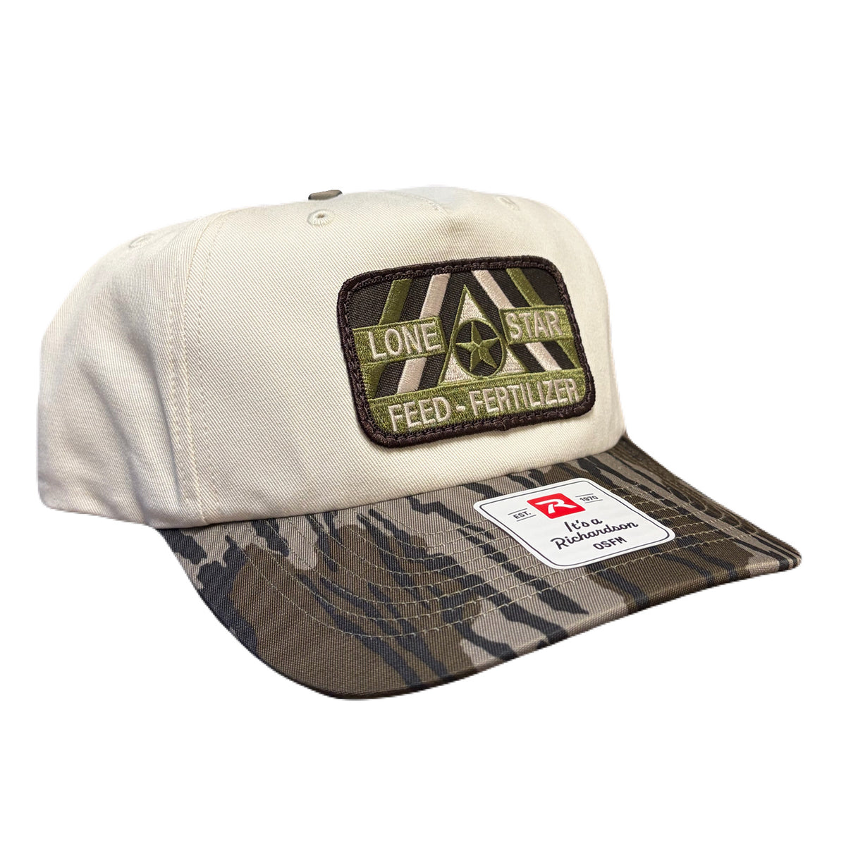 R356 Cream / Mossy Oak Bottomland Twill w/ Camo Patch